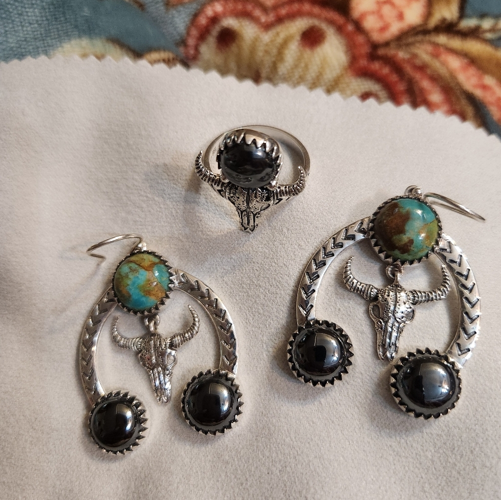 Silver and Turquoise & Hematite Bull Dangle Earrings And Matching Size 9 Ring